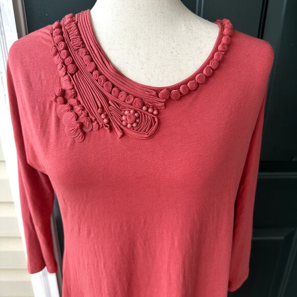 Garnet Hill Sz M Terracotta Dress w/ Embellished Neckline and Asymmetrical Hem - Picture 3 of 7